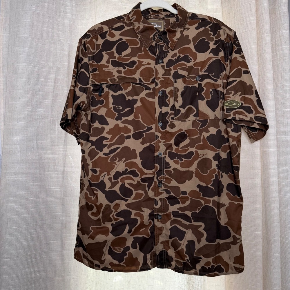 Drake 8-Shot Flyweight Shirt Old School Camo Brown AD9500 Men's Size Medium